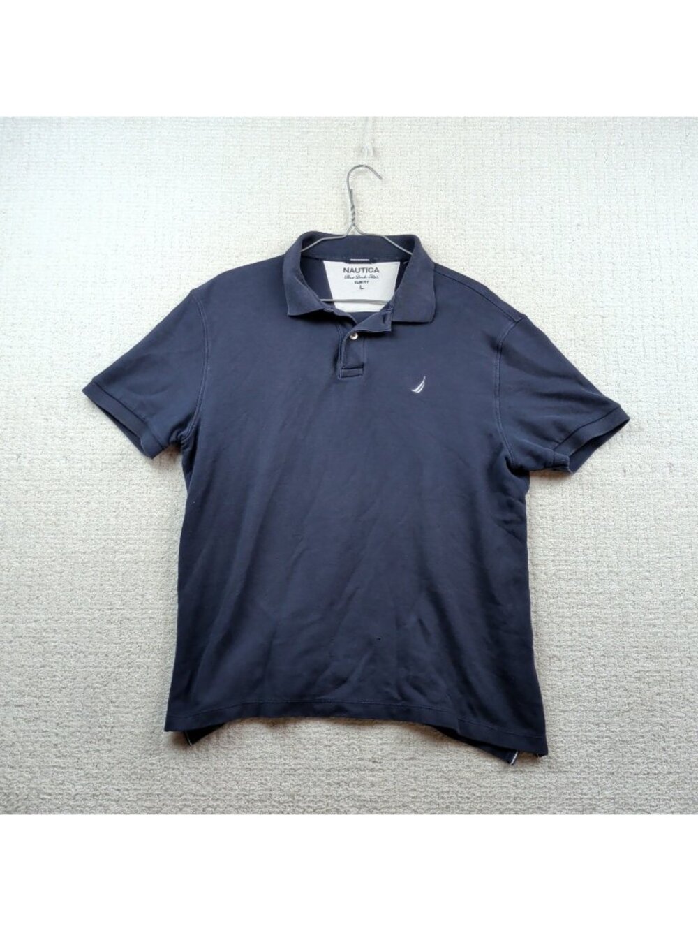 Nautica Mens Size L Dark Navy Blue Shirt Polo Short Sleeve Slim Fit Preppy Read